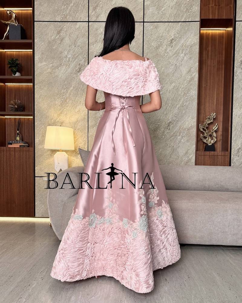 Pink off-shoulder dress with silver embroidery