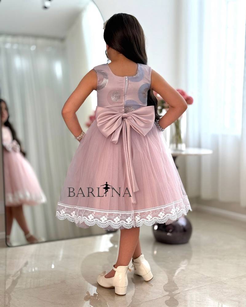 Pink jacquard dress for girls with lace trim