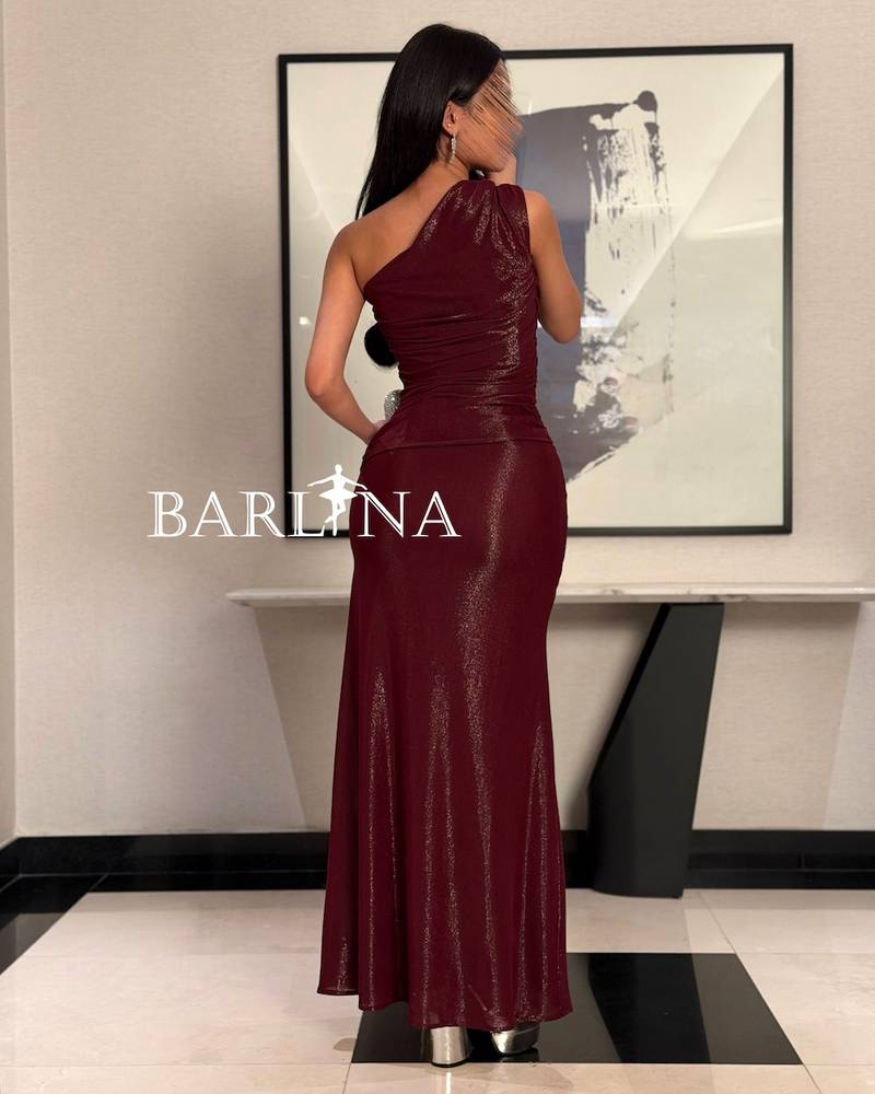 Burgundy one-shoulder dress with soft pleats
