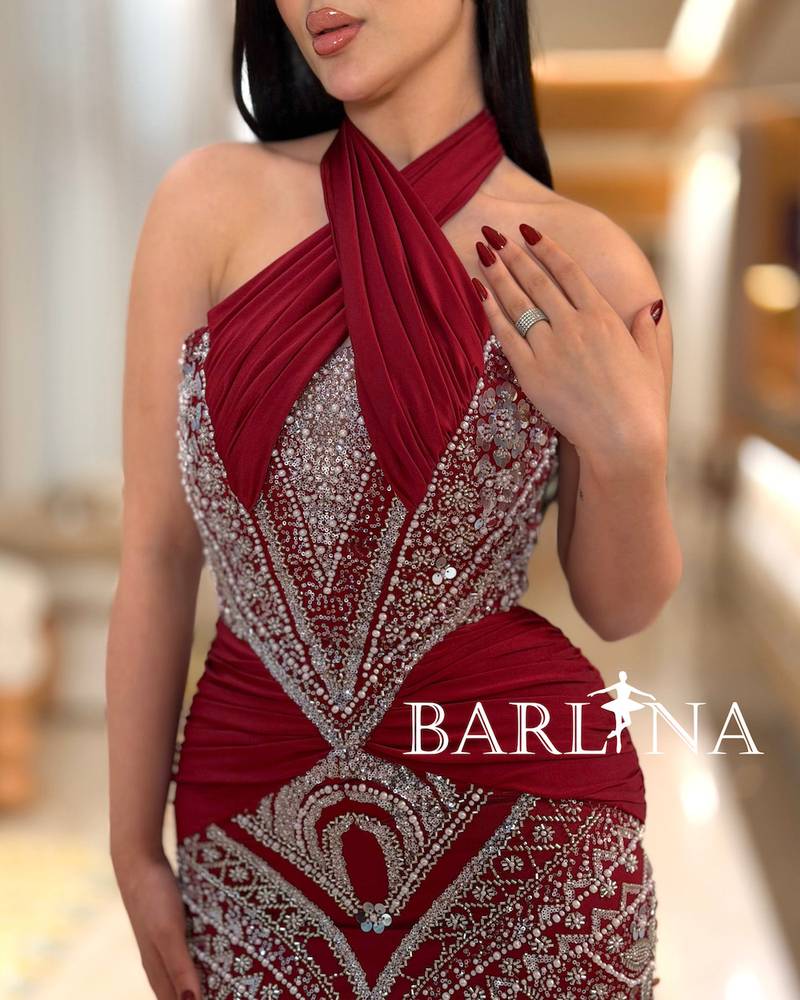 Burgundy evening dress with luxurious silver embroidery