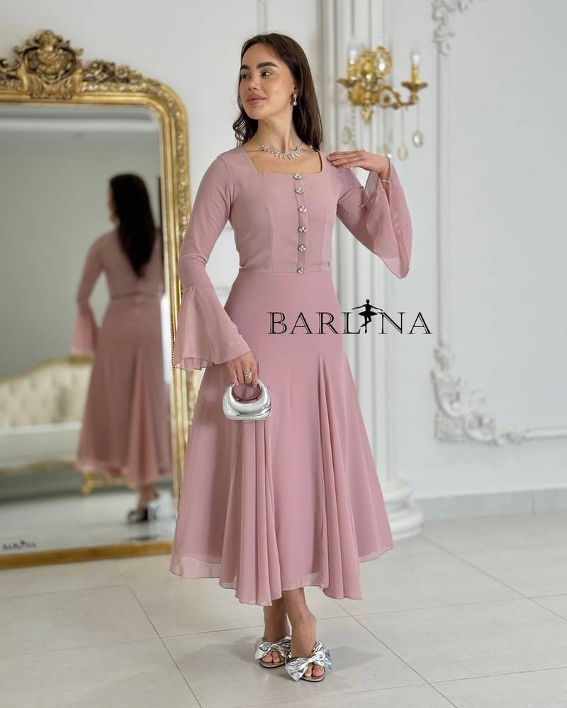 Pink midi dress with soft bell sleeves