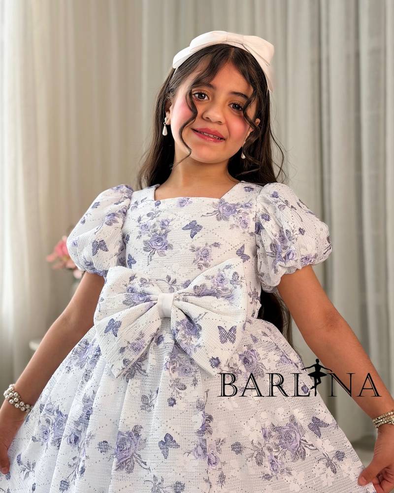 Girls' fluffy dress with a purple floral print