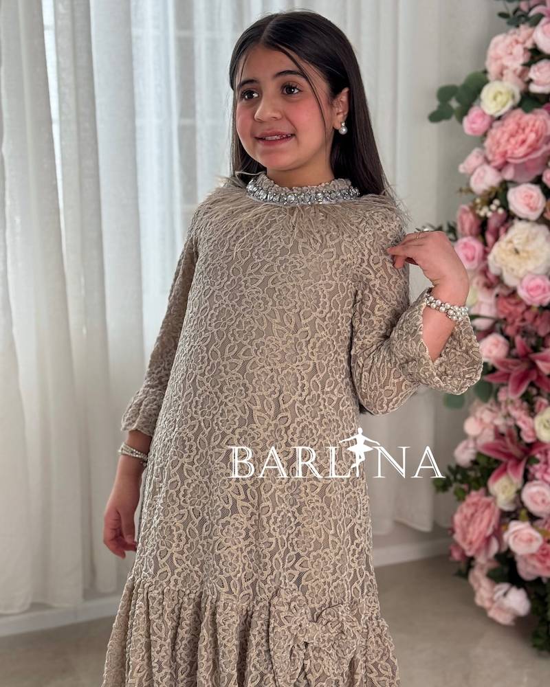 A girl's dress decorated with crystals and feathers at the neckline