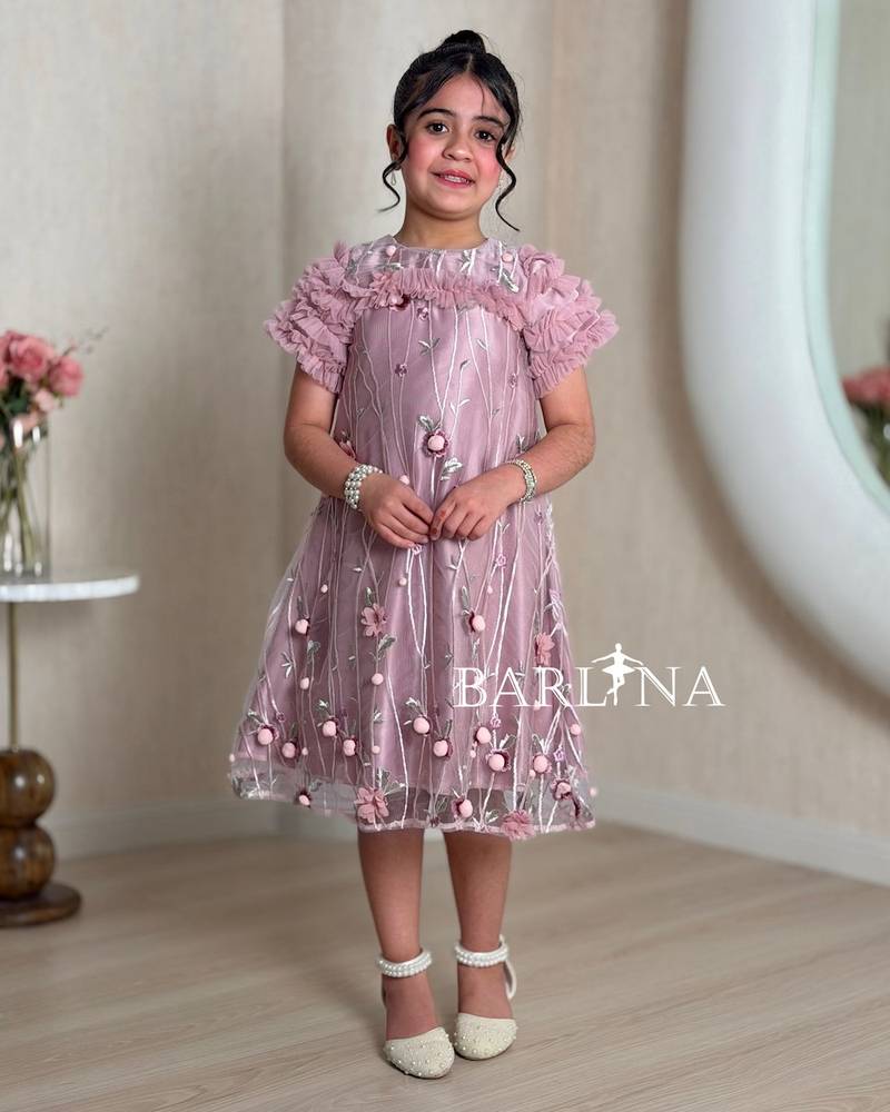 Pink embroidered girl's dress with tulle sleeves