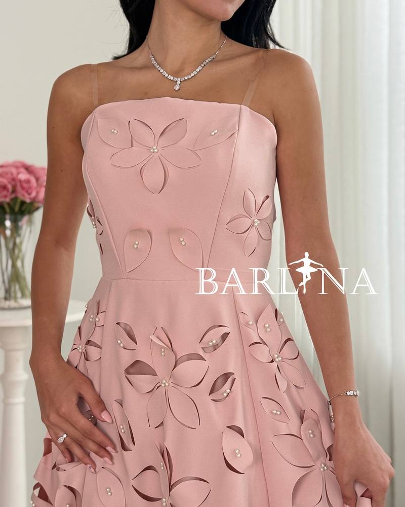 strapless pink dress with openwork floral print