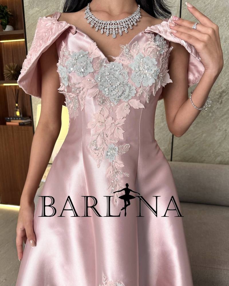 Pink off-shoulder dress with silver embroidery