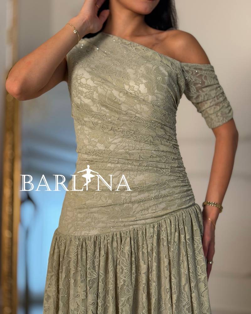 Gray lace long one-shoulder dress