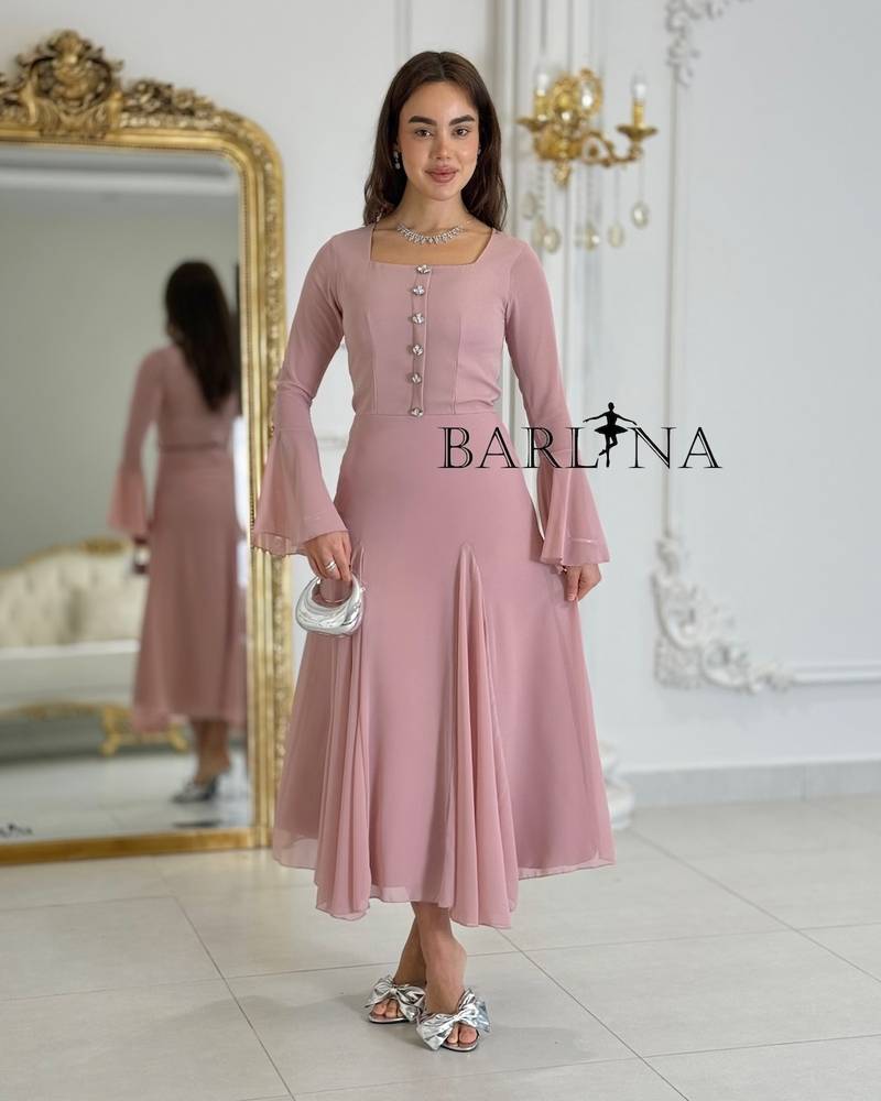 Pink midi dress with soft bell sleeves