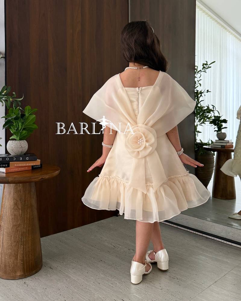 Girls' short beige dress with luxurious embroidery