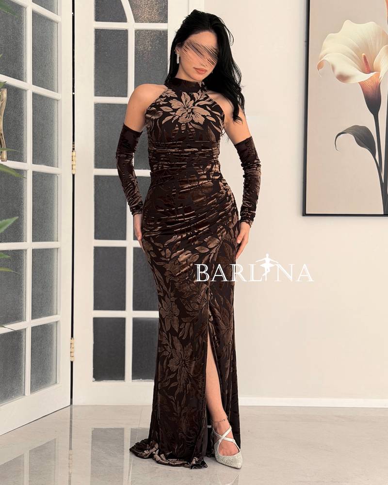 Brown velvet floral halter dress