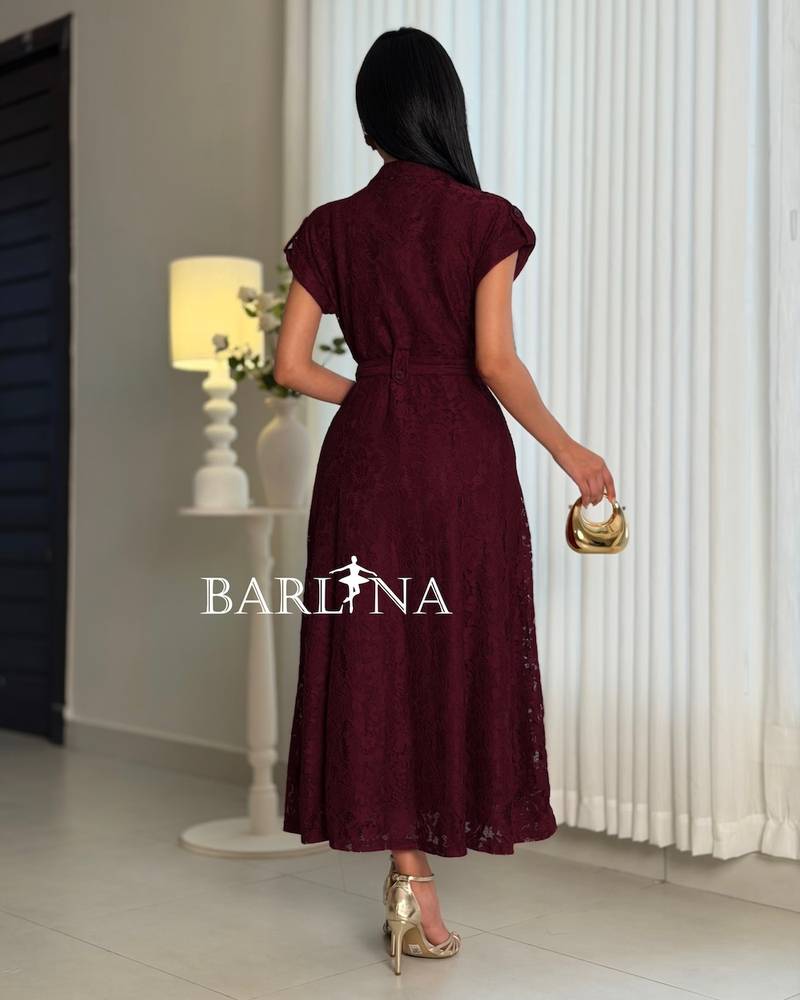 Burgundy lace dress with belt