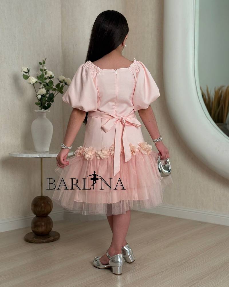A soft girl's dress with prominent roses at the collar