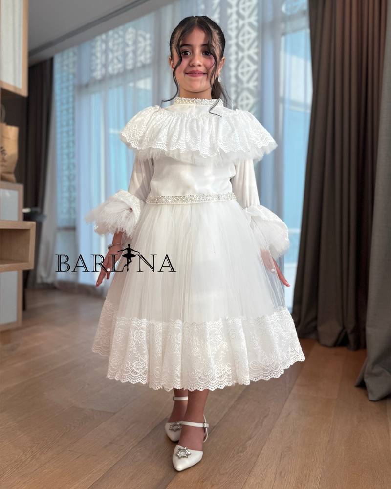 Classic white girls' dress with lace layers