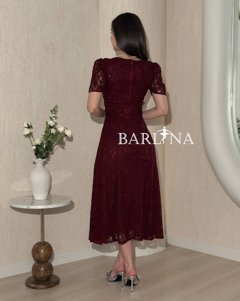 Burgundy dress with crystal embroidered neckline