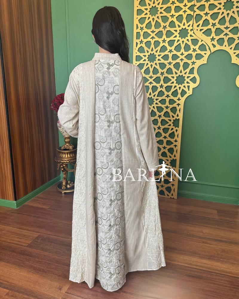 Elegant beige jalabiya with front embroidery