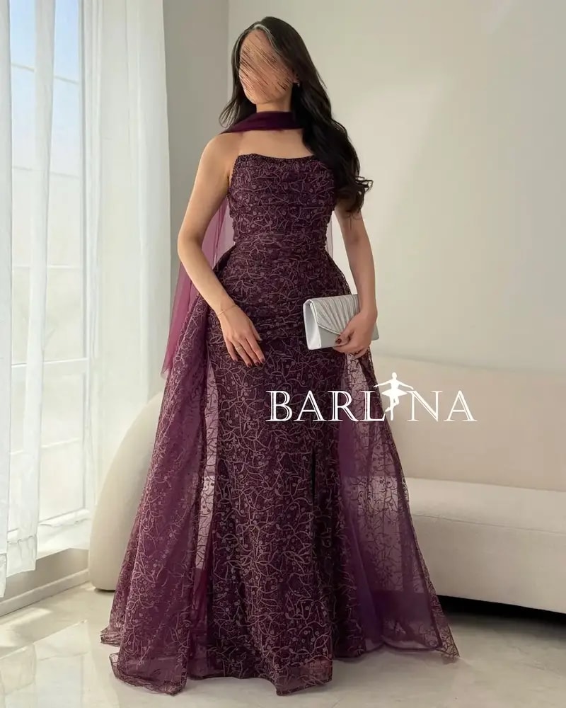 Dark purple evening dress with embroidered tulle