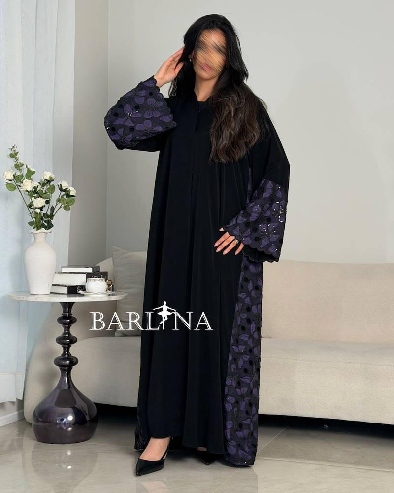 Luxurious black abaya with purple embroidery