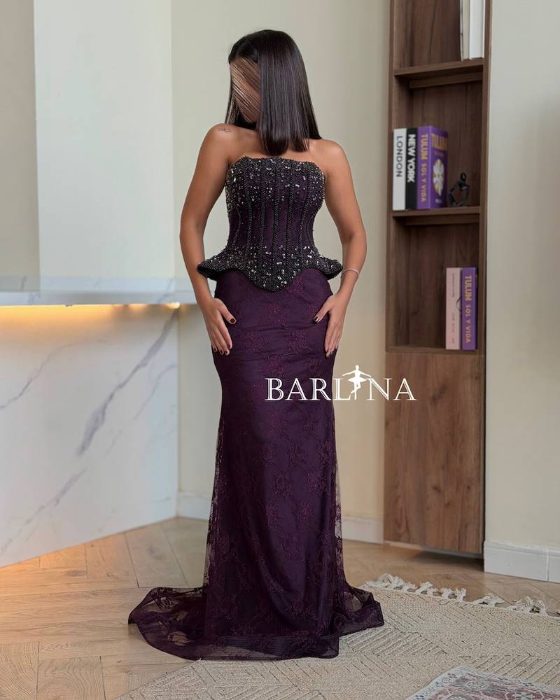 Dark purple dress with embroidered corset design
