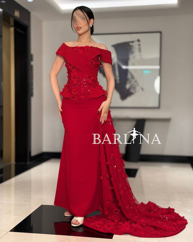 Burgundy off-shoulder evening dress with embroidered train