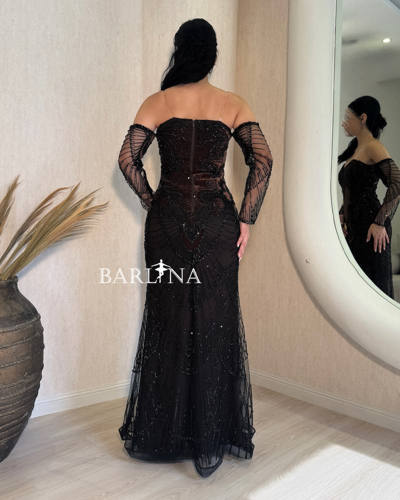 Black embroidered off-shoulder evening dress