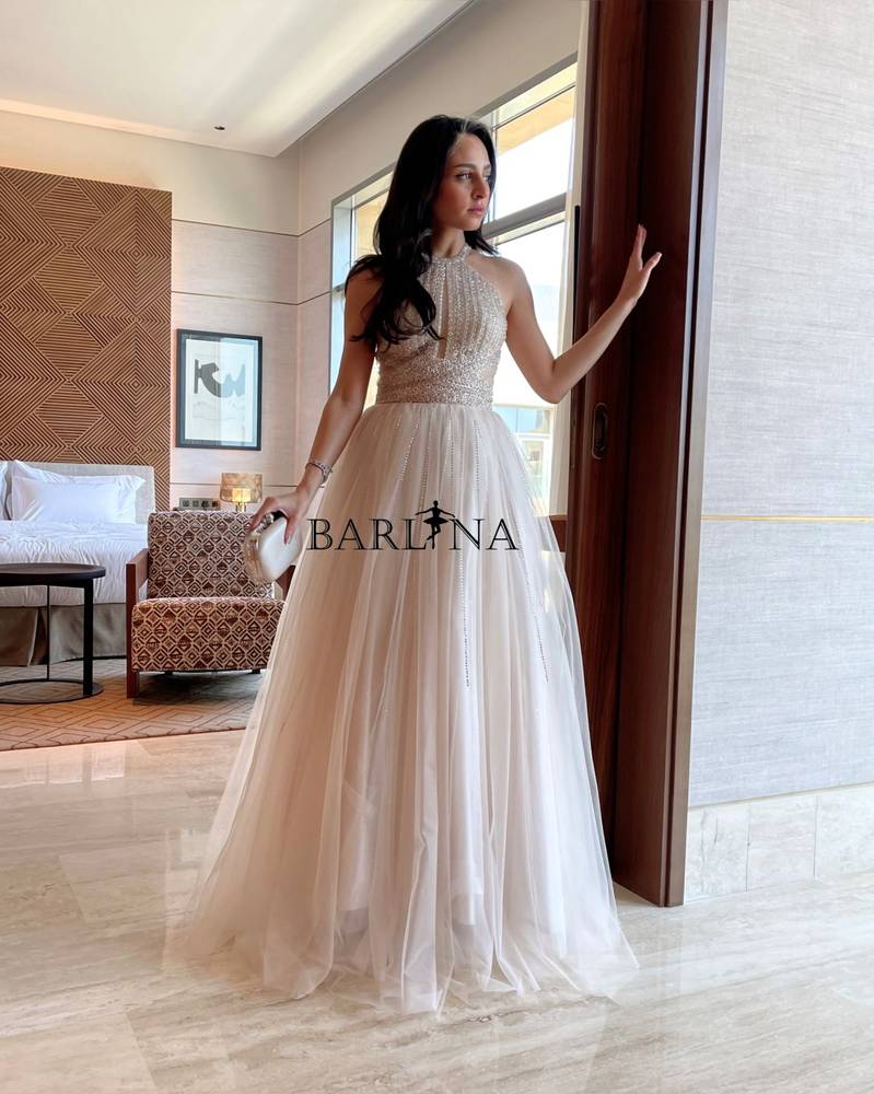 Long embroidered tulle dress