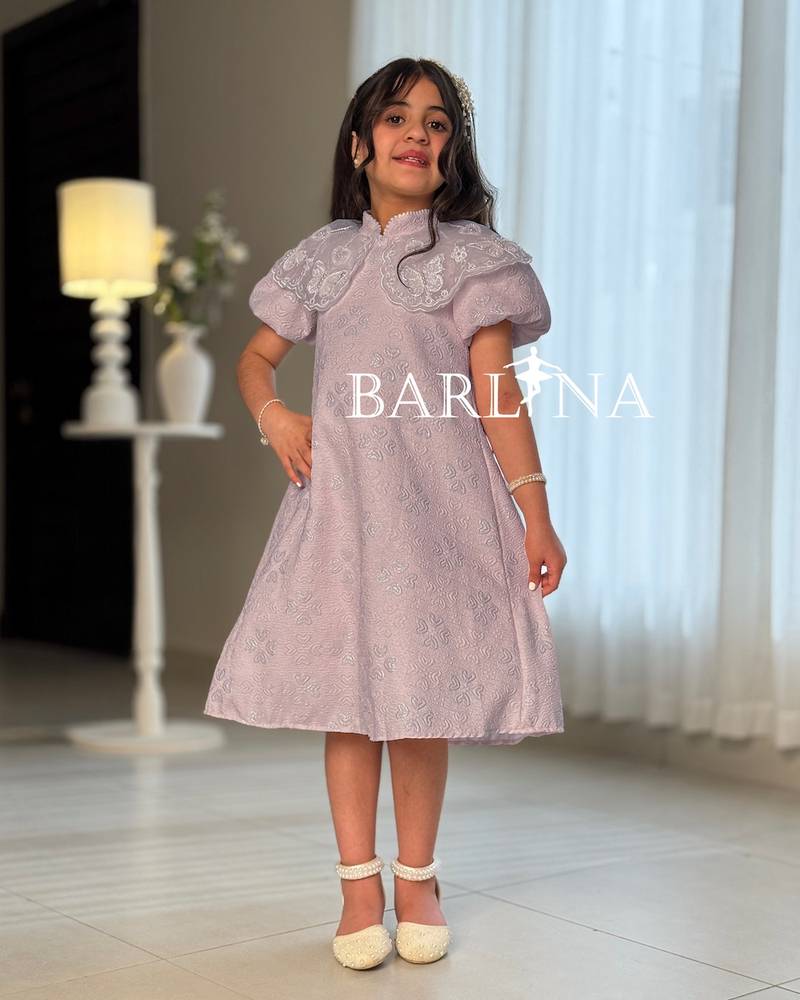 فستان جاكار وردي بناتي بياقة عالية