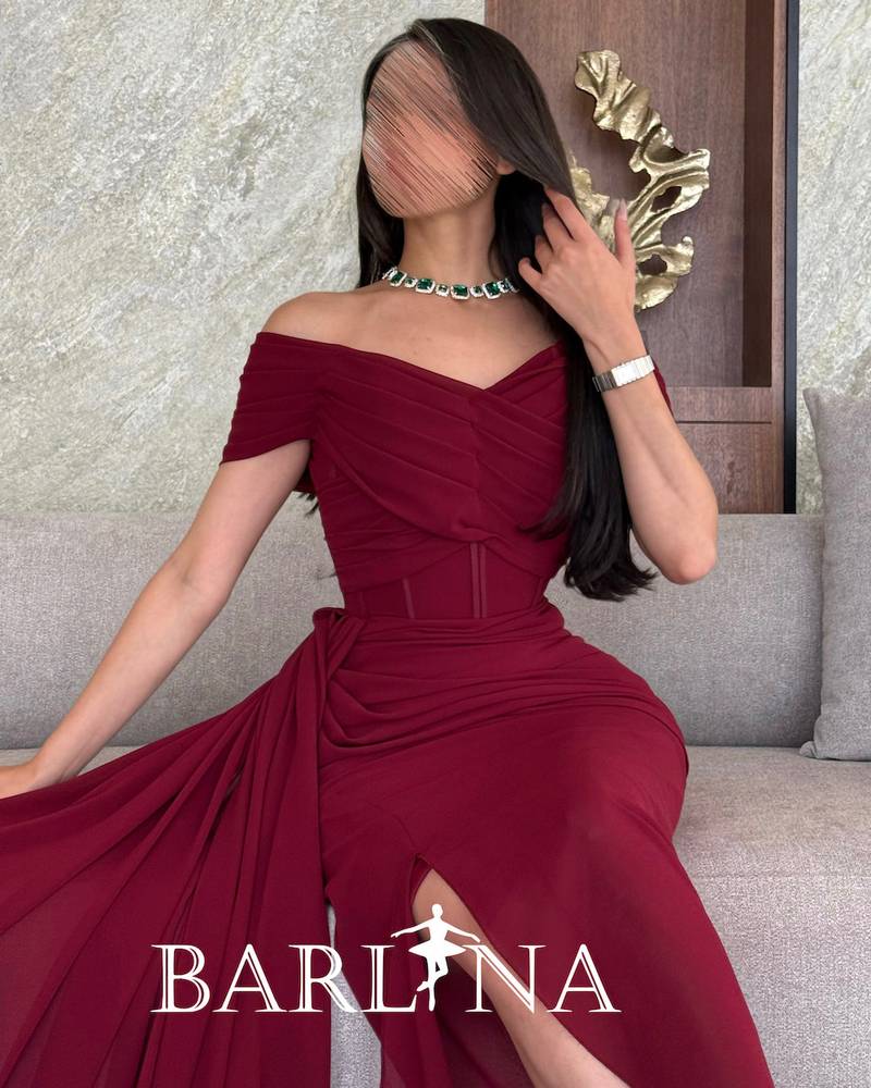 Burgundy off-the-shoulder georgette dress