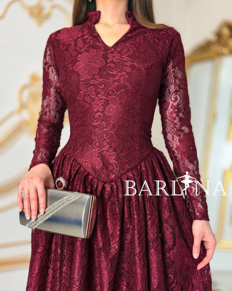 Burgundy lace dress with mandarin collar