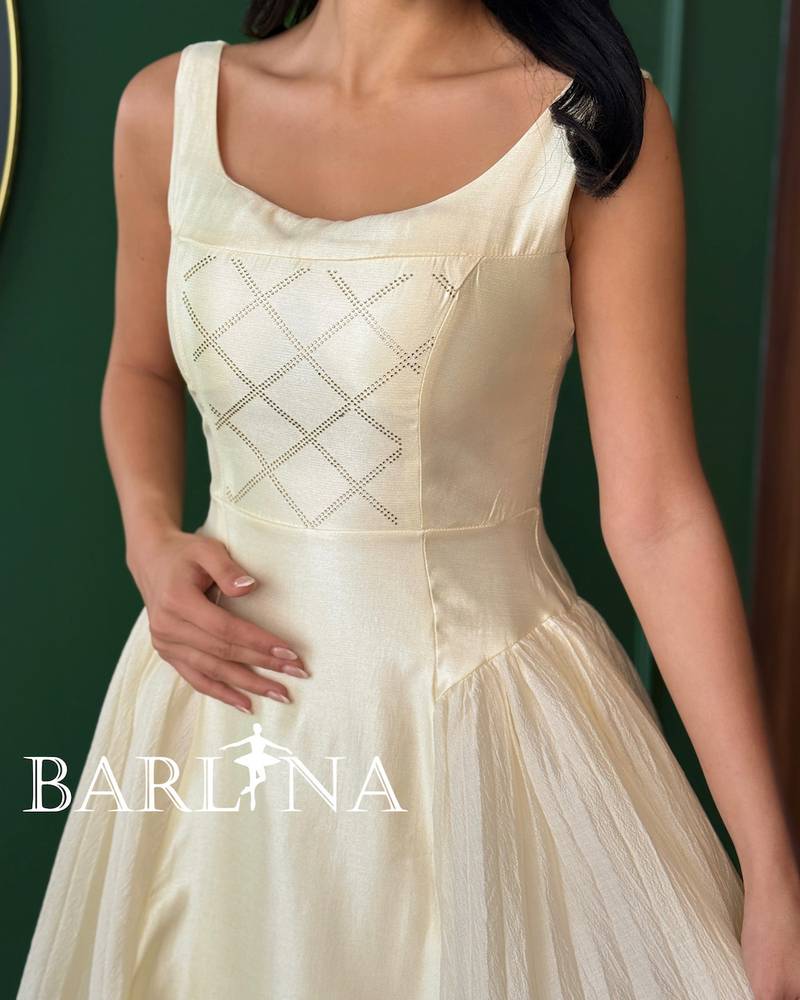 Soft beige shiny midi dress with soft pleats