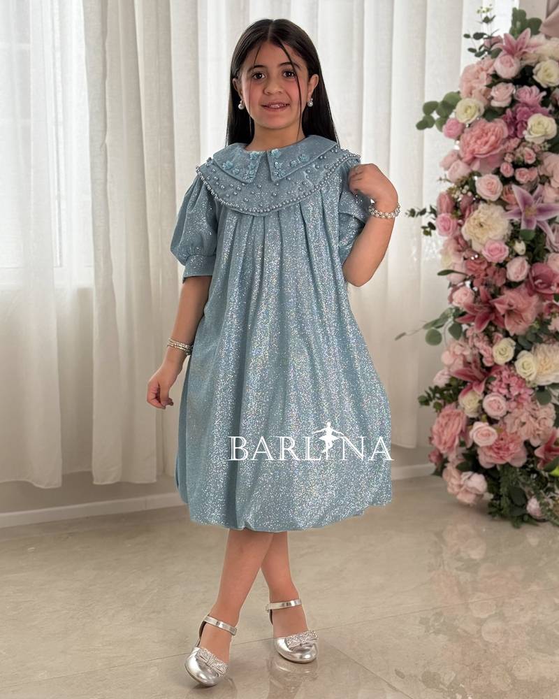 A sparkly girl's dress with a wide embroidered collar