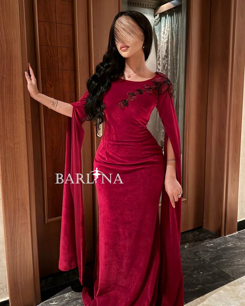 Burgundy velvet dress with roses on the shoulder