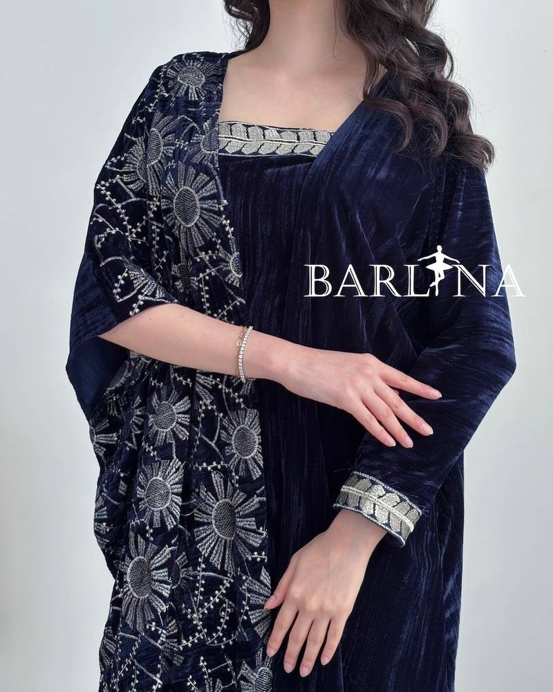 Navy blue velvet jalabiya with elegant embroidery