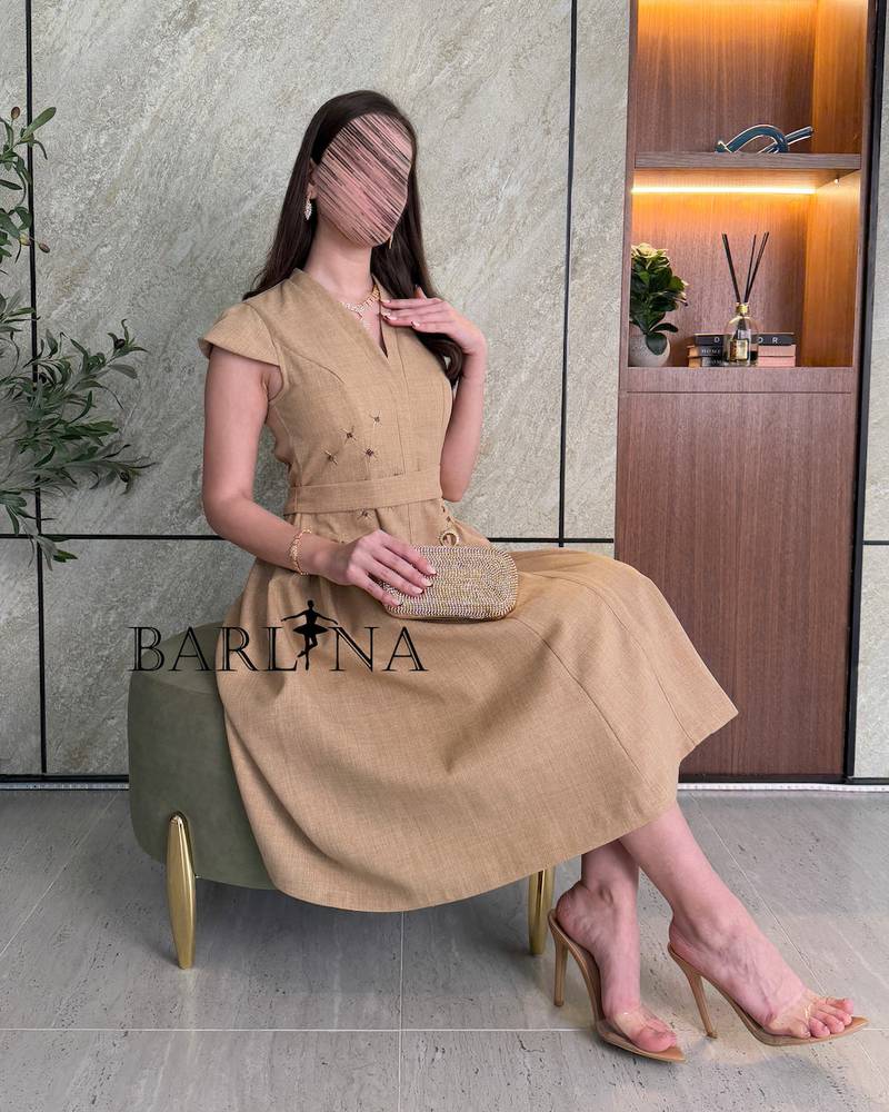 Elegant brown dress with simple embroidery on the waist