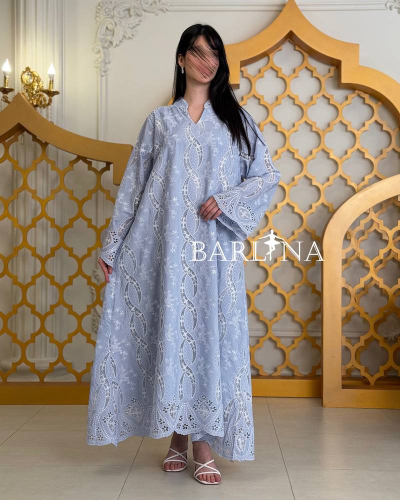 Long sky blue jalabiya with lace embroidery