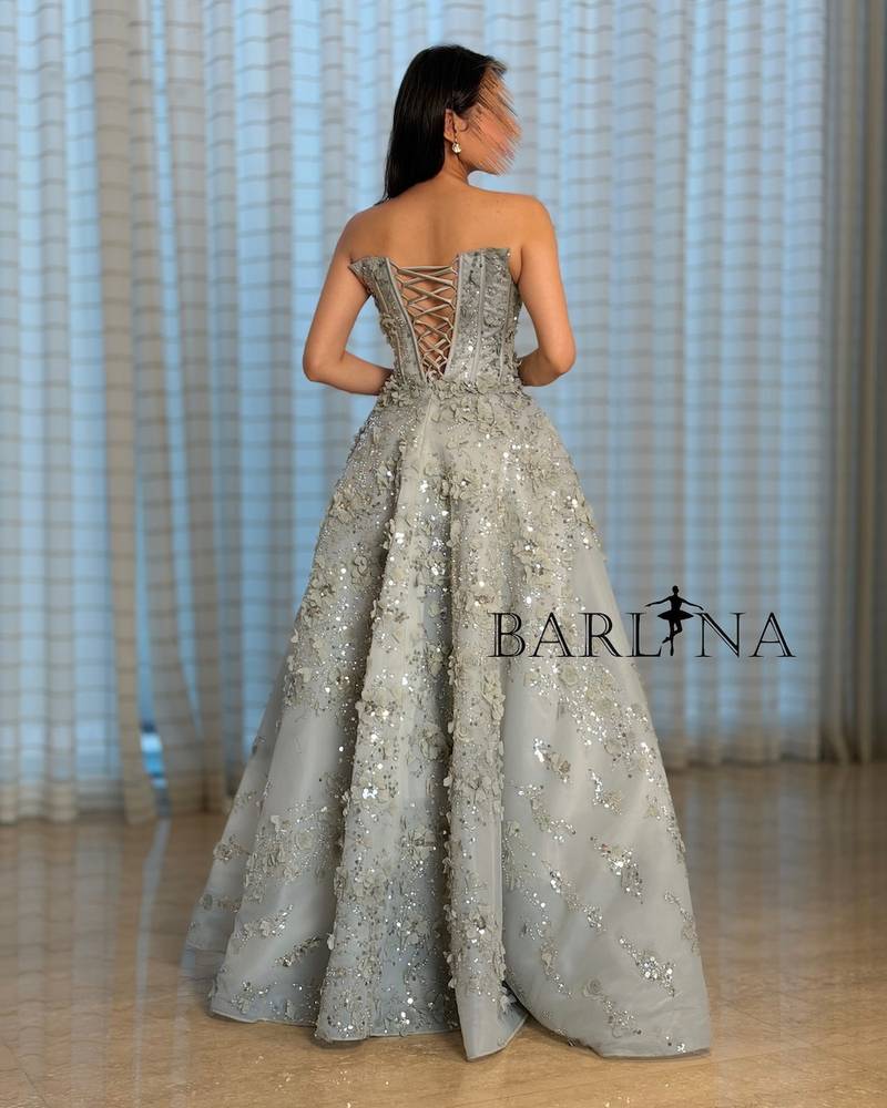 Gray evening corset dress with sequin accents