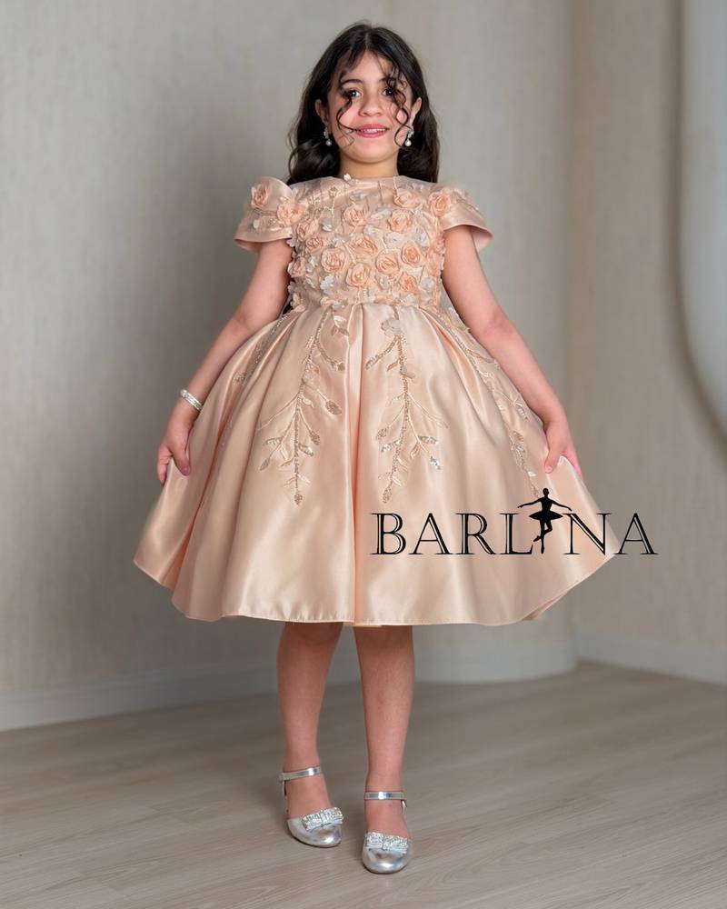 A girl's dress decorated with roses and sparkling embroidery