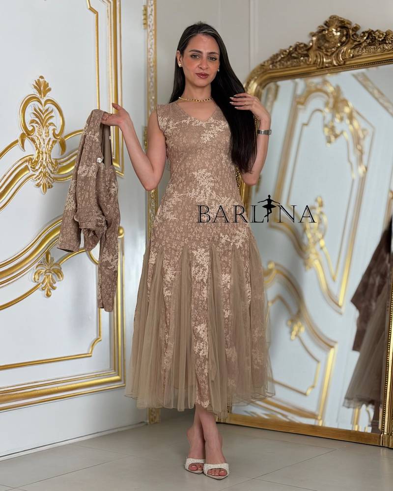Brown floral dress with a jacket made of lace and tulle