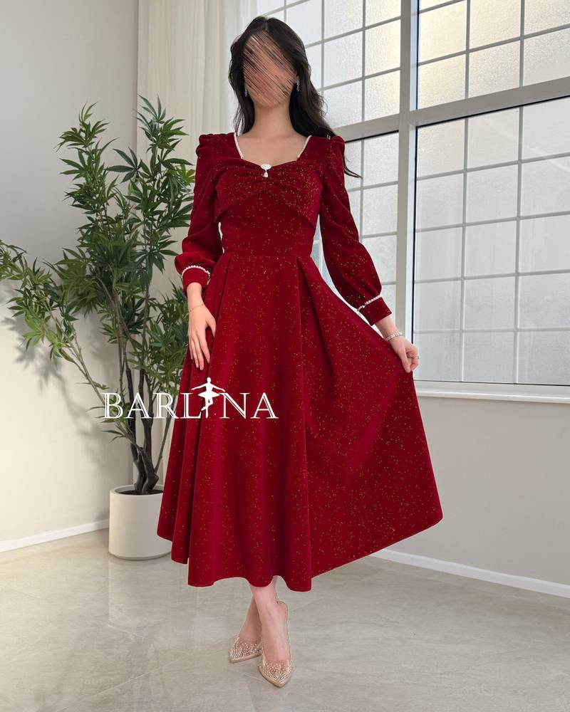 Red midi dress with shimmering details