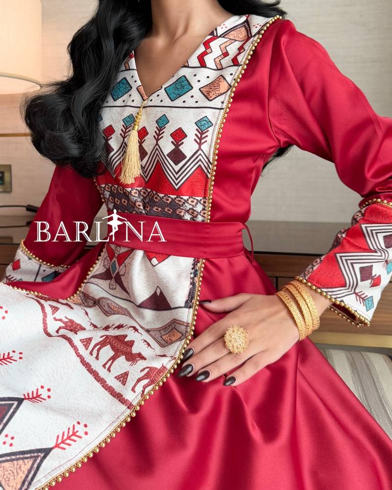 Red midi dress with traditional patterns