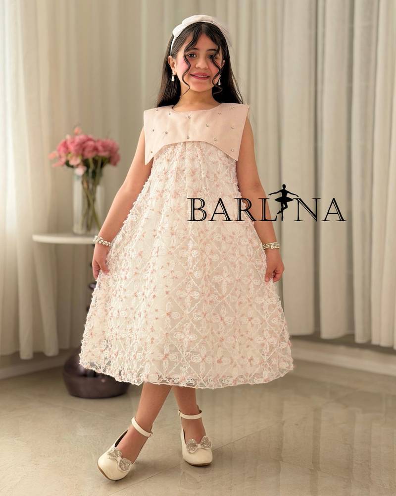 Off-white girls' dress with pink embroidery