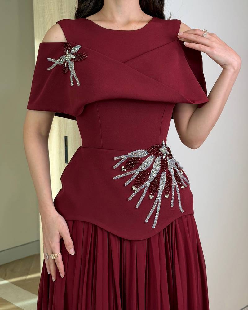 Burgundy Off-Shoulder Beaded Dress