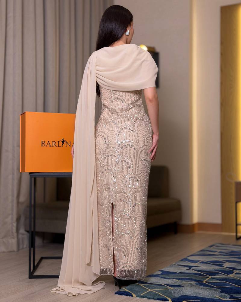Luxurious beige sequined evening dress