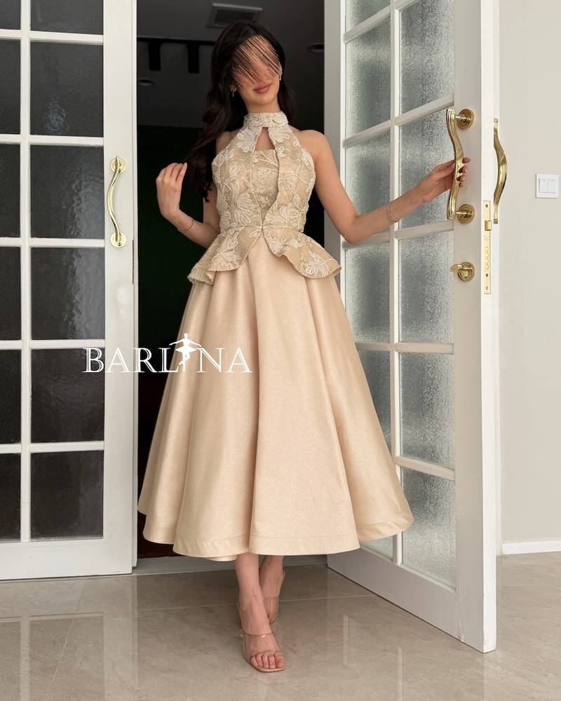 Beige high neck peplum dress