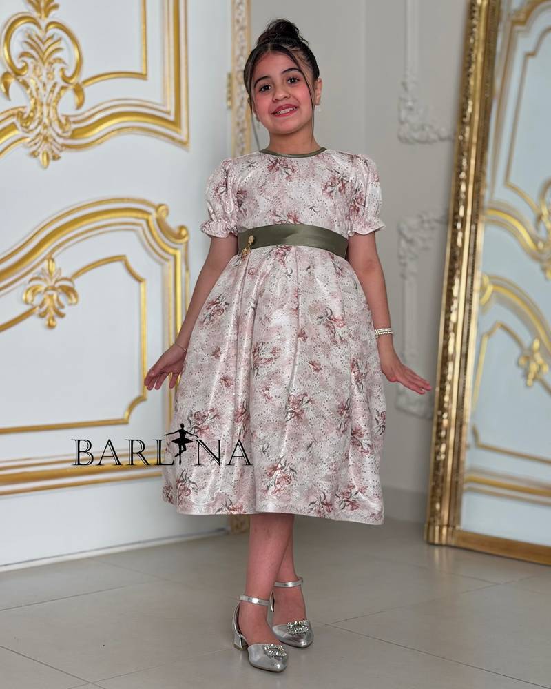 Creamy floral girl's dress with an olive belt