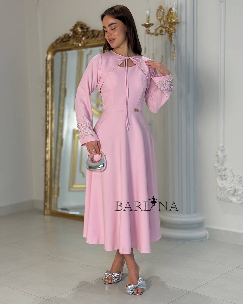 Pink dress with a jacket decorated with crystals and pearls