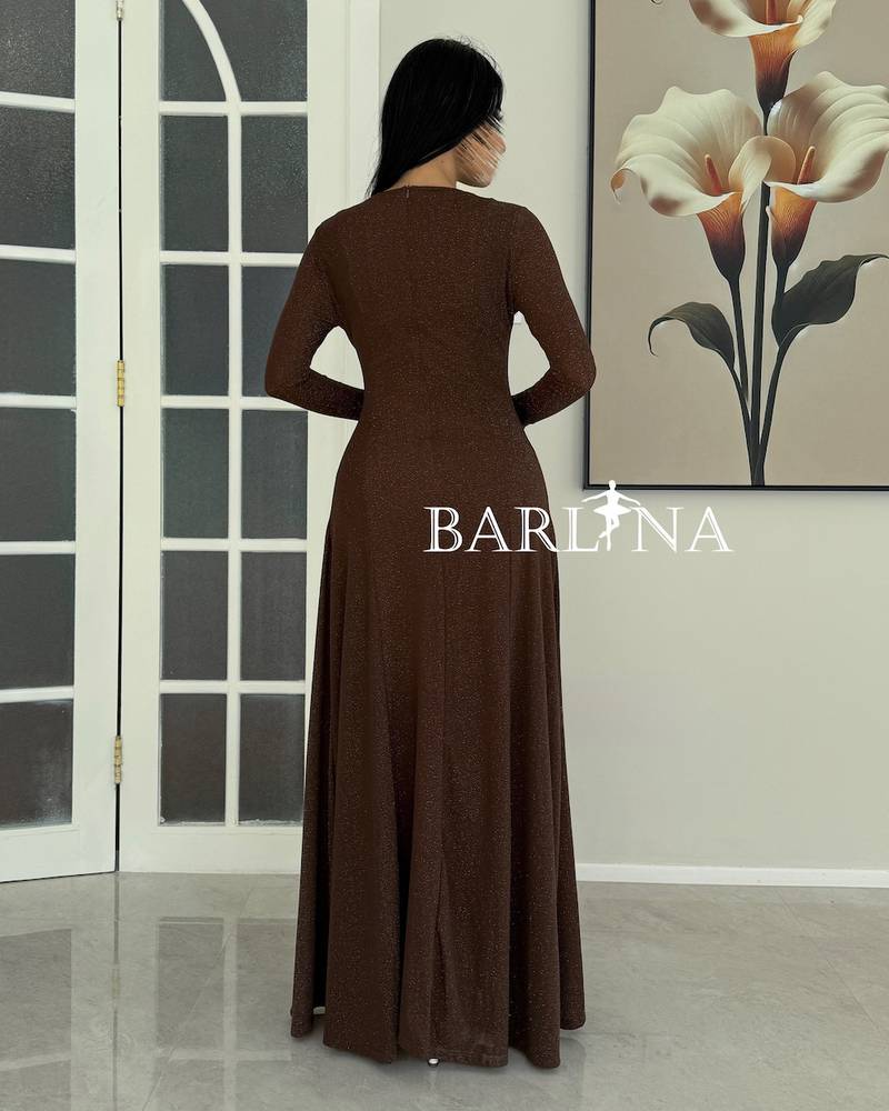 Long, shiny brown dress with a soft and flowing design