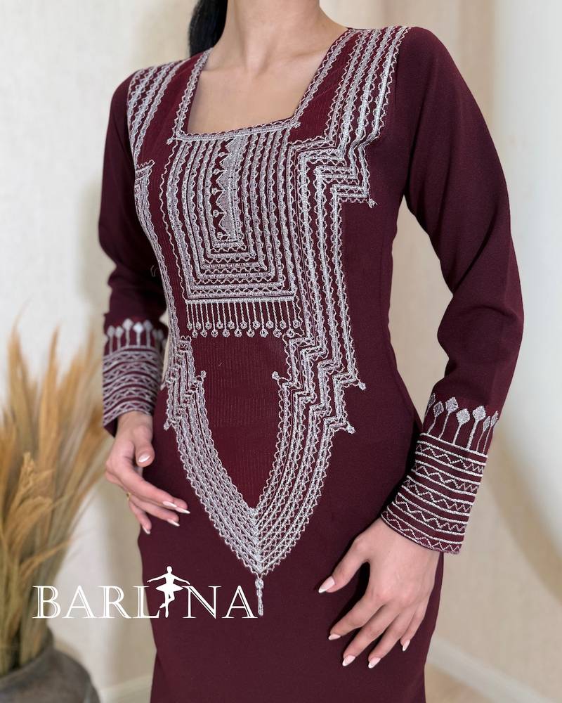 Burgundy jalabiya with silver embroidery and shawl