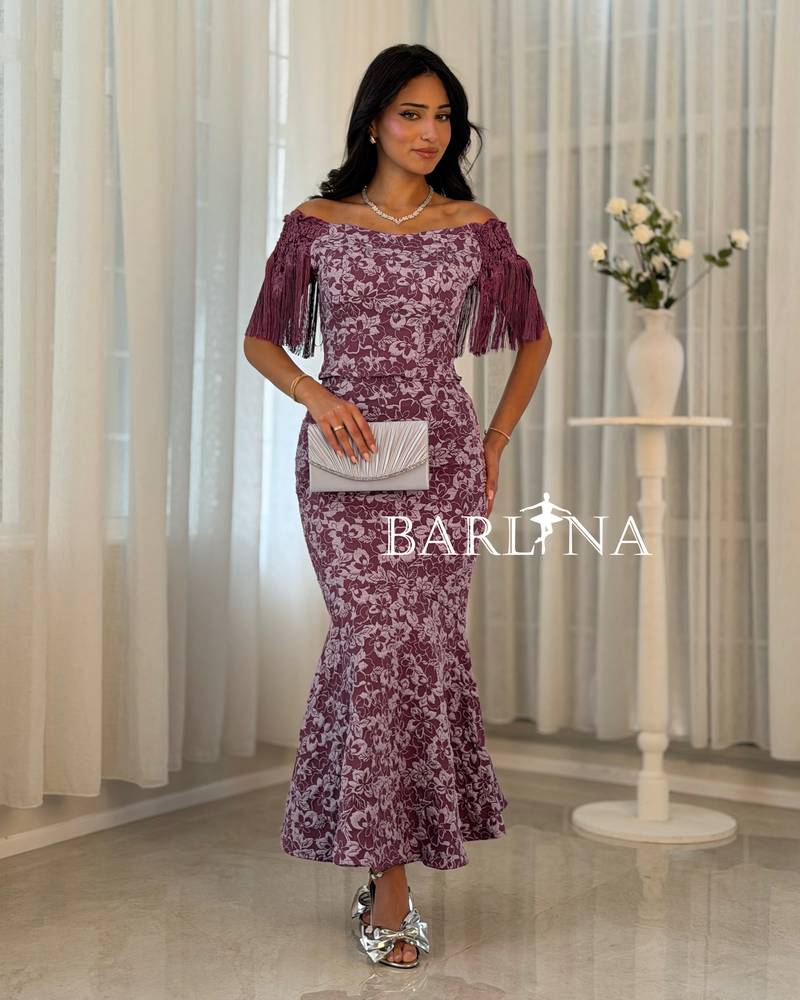 Purple floral mermaid dress with draped sleeves