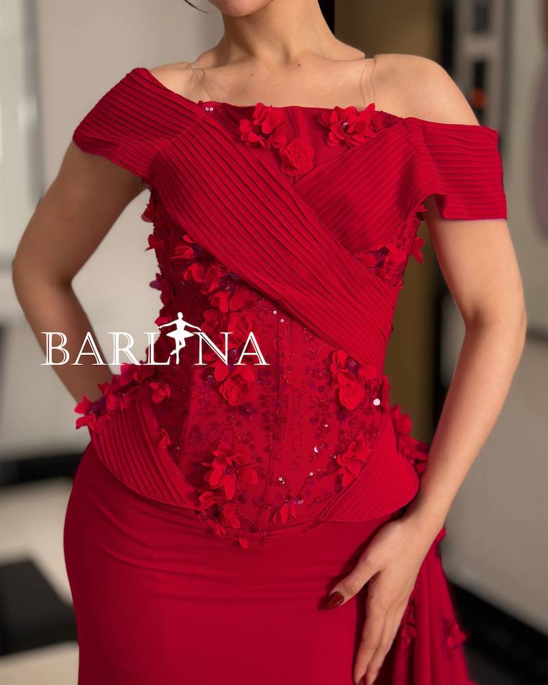 Burgundy off-shoulder evening dress with embroidered train