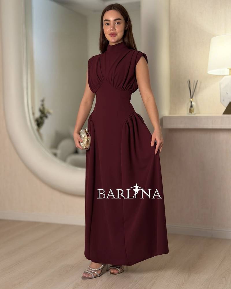 Burgundy fitted dress with a high neck